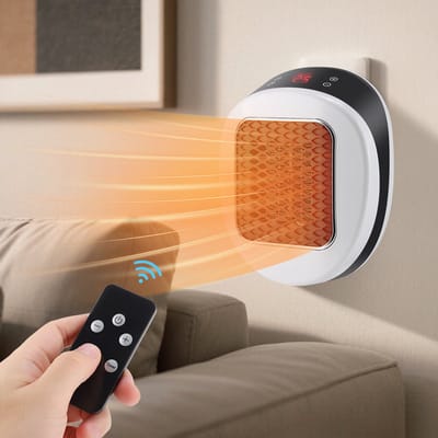 Kleine huishoudelijke kachel met afstandsbediening, wandmontage, ventilatorkachel, keramisch verwarmingselement, elektrische kachel met heteluchtfunctie.