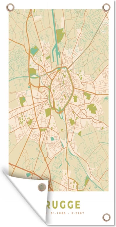 Schuttingposter Brugge - Stadskaart - Plattegrond - Kaart - Brugge - 100x200 cm - Tuindoek
