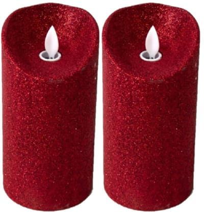 Gerimport LED kaars/stompkaars - 2x stuks - rood - H15 cm - glitters - kerst kaarsen