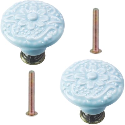 Meubelknoppen Set Licht Blauw Keramiek Rond met Bloem - 2x Kastknop met schroef - Vintage/Antiek handgreep voor deur en lade