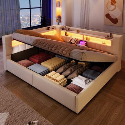 Slaapbank 140 x 200 cm - met opbergruimte - met USB-C oplaadfunctie - LED-verlichting - zonder matras - beige