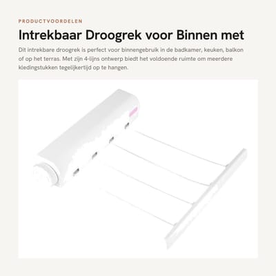 Dailygoods- Droogrek Intrekbaar 3,2 m - 4-lijns Ontwerp - Wandgemonteerd - Geschikt voor Binnen - Eenvoudig te Bevestigen - Inclusief Stretchtouw - Waslijn