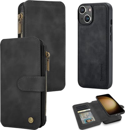 Casemania Hoesje Geschikt voor Apple iPhone 15 - Charcoal Gray - 2 in 1 Magnetic Book Case met Rits
