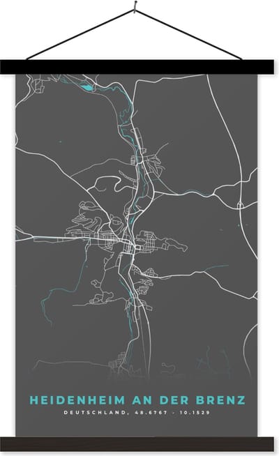 Posterhanger incl. Poster 120x180 cm - Schoolplaat - Plattegrond – Heidenheim an der Brenz – Blauw – Stadskaart – Kaart - Duitsland - Textielposter - Zwarte latten - Stadskaart