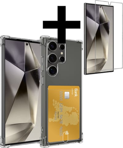 Hoesje - Geschikt voor Samsung Galaxy S24 Ultra - Met Screenprotector - En Pashouder - En Kaarthouder - Telefoon Hoes Shockproof - Siliconen Case - Back Cover - Shock Proof - Pasjes Houder - Telefoonhoesjes - Transparant