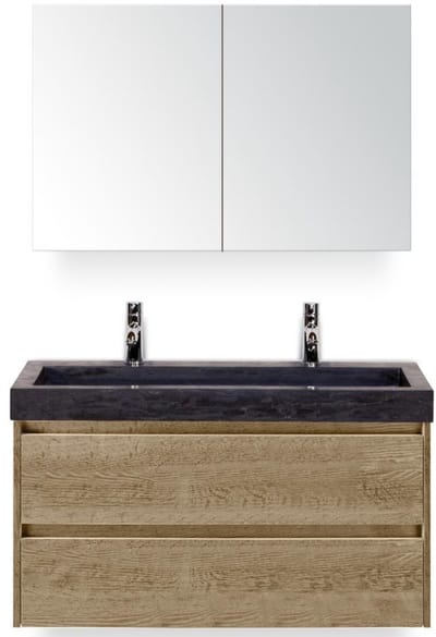 Dante Badmeubelset 100 cm - Natuur Eiken - Wastafel Hardsteen Wit Lucca 2 Kraangaten met Spiegelkast