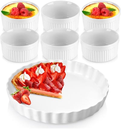 Taartvorm + Creme Brulee Schaaltjes Keramiek Wit 7 delig - Cakevorm - Bakvorm - Bakplaat