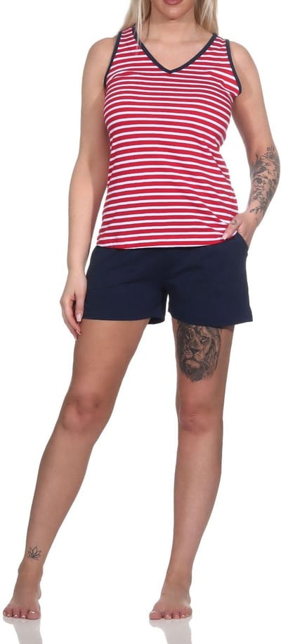 Maritieme mouwloze damespyjama shorty met vuurtorenmotief - ook in oversizes