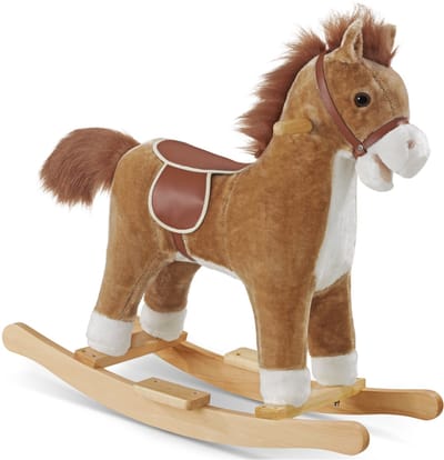 tectake® Hobbelpaard - Schommelpaard met Geluid - Hobbeldier met Pluche Bekleding - Vanaf 2 Jaar - 61 cm Hoog - Bruin