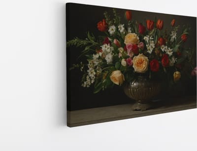 Saammp Canvas Schilderij - Bloemstuk met Rijke Kleuren in Donkere Setting - Natuur - Klassiek - 45x30 - Foto op canvas - Wanddecoratie - Muurdecoratie Woonkamer - Kantoor Decoratie