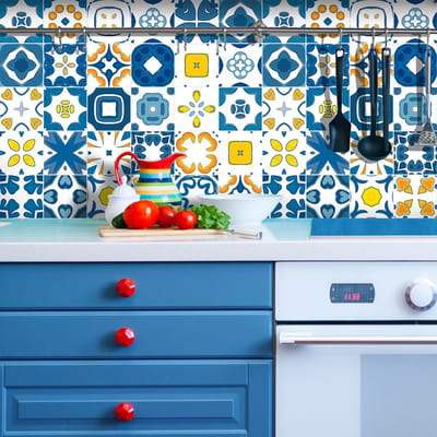 Zelfklevende tegelmuurstickers voor keuken en badkamer - 9 cementtegelstickers (AZULEJOS AANOR) - 9 stickers 10x10cm