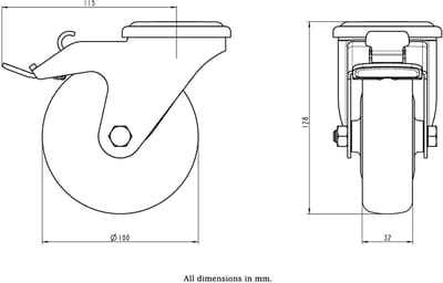 100 mm roestvrijstalen zwenkwiel met rem, voorzien van grijs elektrisch geleidend rubber