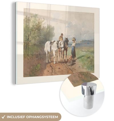 ® Glasschilderij 160x120 cm - Schilderij acrylglas - Praatje op een landweg - Schilderij van Anton Mauve - Foto op glas - Muurdecoratie woonkamer - Wanddecoratie slaapkamer - Schilderijen