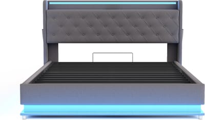 Gotagee Gestoffeerd bed 160x200cm Tweepersoonsbed (zonder matras) met USB en LED Linnen Grijs