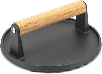 Famanu – Smash burgerpers 17 cm, roestvrij staal met houten greep, geschikt voor grill, plancha en BBQ
