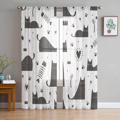 Cartoon Dier Kat Transparante Voile Gordijnen voor Woonkamer Slaapkamer Bedrukt Tule Raamgordijn Luxe Huis Balkon Decoratie Drapes 1 PCS W100XH250cm&Grommet Top white