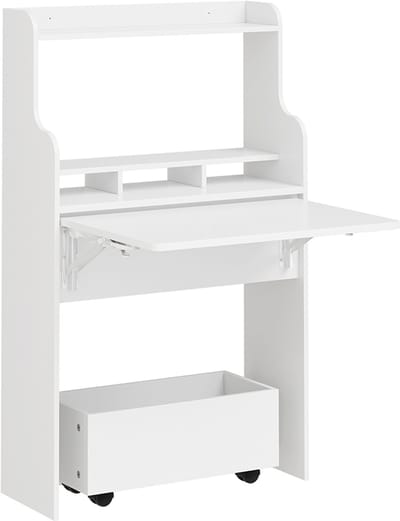 SoBuy Wandklaptafel FWT105-II-W - Multifunctionele ruimtebesparende klaptafel met wielen - Inklapbaar bureau met lade en planken - Wit | FWT105-II-W