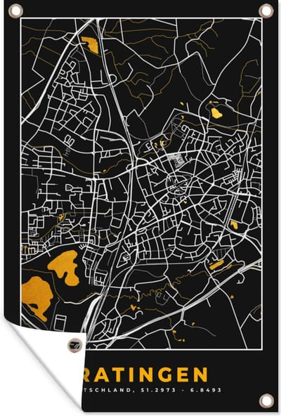 Muurdecoratie Black and Gold – Stadskaart – Ratingen – Duitsland – Plattegrond – Kaart - 120x180 cm - Tuinposter - Tuindoek