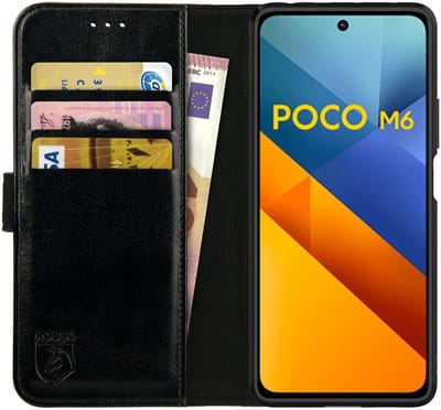 Rosso Element Book Case Wallet Hoesje Geschikt voor Xiaomi Redmi 13 4G / Poco M6 | Portemonnee | 3 Pasjes | Magneetsluiting | Stand Functie | Zwart