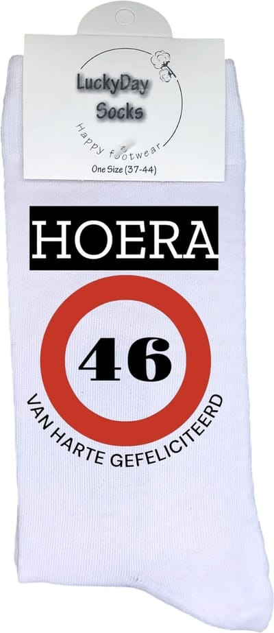 46 jaar Sokken - Gefeliciteerd - Jarig - Verjaardag - Grappige cadeau - Cadeau voor vrouw man - Kado - Verjaardags sokken - Verjaardags cadeau - Sokken waar je vrolijk van wordt - Maat 37-44
