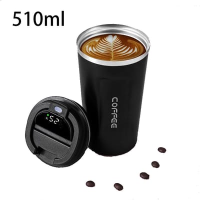 Geïsoleerde koffiemok - Geïsoleerde beker - Draagbare koffiemok - Met thermometer - Reisbeker - 510 ml - Vacuüm geïsoleerde mok - Unisex draagbare mok - Geschikt voor koffie op reis en het bewaren van drankjes buitenshuis - Zwart