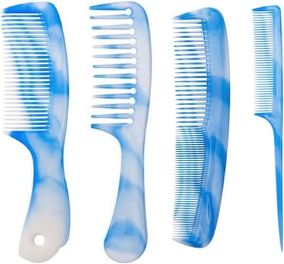 Haarkam set met 4 stuks lichtblauw, brede en fijne tanden, voor alle haartypes
