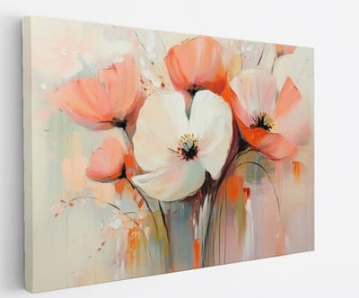Saammp Canvas Schilderij - Beige Bloemen met oranje en groen - Natuur - Abstract - 45x30 - Foto op canvas - Wanddecoratie - Muurdecoratie Woonkamer - Woonkamer Decoratie