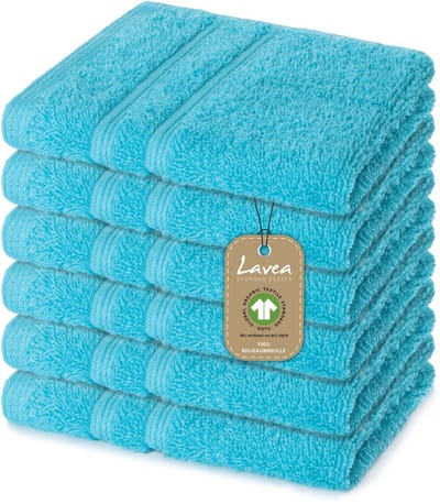 Lavea® 6 Wasdoekjes 30x30 cm van 100% biologisch katoenen badstof, zacht en absorberend, voor thuis, hotel en spa – ook ideaal als gezicht- en handdoekje – Turquoise