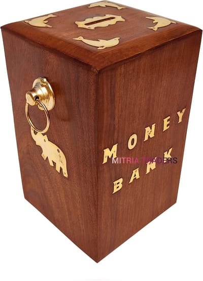 Houten spaarpot - Geldkistje - Geld bewaren - Dubbel sluitsysteem - 23 cm hoog - Bruin