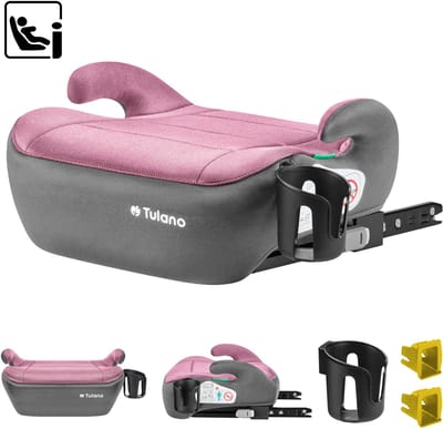 Tulano Cabby 30 - Zitverhoger - met ISOFIX - Autostoel Booster - 125-150 cm - i-Size R129/03 Norm - Met Armleuningen & Bekerhouder - Brede en Comfortabele Zitting - Rose/Grijs