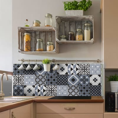 Zelfklevende tegelmuurstickers voor keuken en badkamer - 9 cementtegelstickers, Azulejos Junita - 9 stickers, 15x15cm