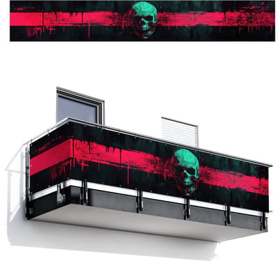 Balkonscherm 500x75 cm - Balkonposter Schedel - Cyberpunk - Neon Rood - Balkon scherm decoratie - Balkonschermen - Balkondoek zonnescherm