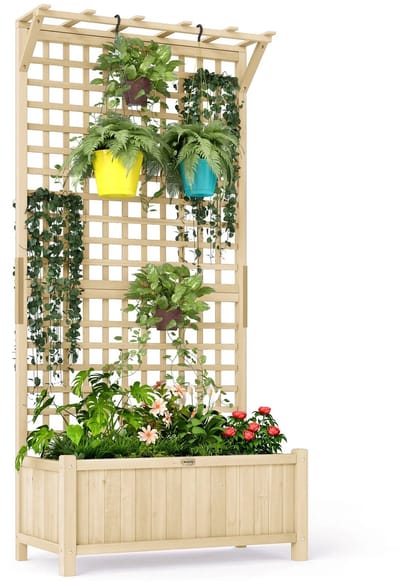 Plantenbak met klimrek - Bloembak - Weerbestendig - Met trellis - Buiten - Polypropeen - Plantenrek - Rechthoekig - Natuurlijk hout
