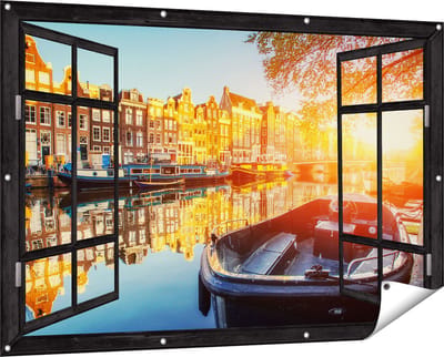 Gards Tuinposter Doorkijk Amsterdamse Brug - Gracht - met Bloemen - 150x100 cm - Tuindoek - Tuindecoratie - Wanddecoratie buiten - Tuinschilderij