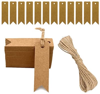 SnelShoppen - Kraft Paper Gift Tags 100 stuks 7 cm x 2 cm Bruin met 20 m Jute Koord - Ideaal voor Huwelijk, Feest, Cadeaus en Creatieve Projecten