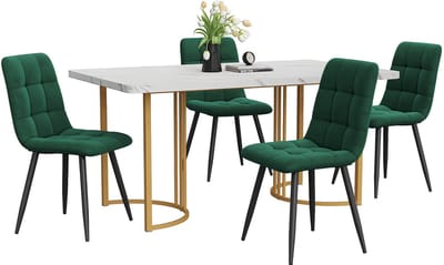 Merax 5-delig Eettafel Set - Moderne Keukentafel 140 x 80 cm met 4 Donkergroene Samt Stoelen - Gouden Metalen Poten en Witte MDF Tafelblad
