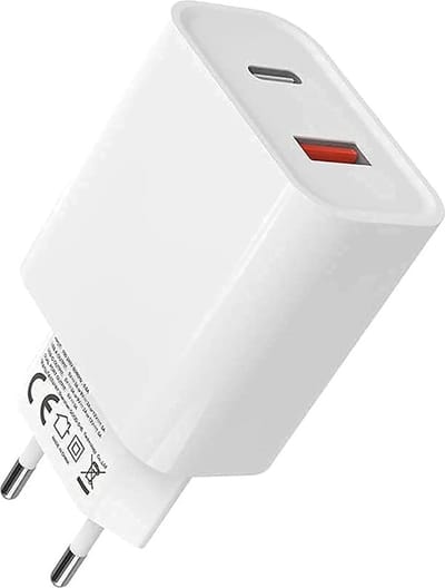 USB-C Adapter met 2 Poorten - 1x USB C en 1x USB A - Snellader met Quick en Fast Charge - 20W Snel Oplader - USB C