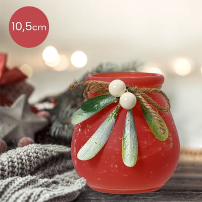 Rode glazen waxinelichthouder met blaadjes en besjes - Ø10,2 x 10,5 cm - kerstdecoratie - kerst - luxe theelichthouder - voor kaarsjes