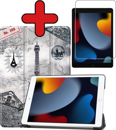 Hoesje - Geschikt voor Apple iPad 9 (2021) - 10.2 inch - 9e Generatie - Met Screenprotector - Hardcover Book Case - Trifold Bookcase Hoes - Hard Cover - Tablethoes - Eiffeltoren