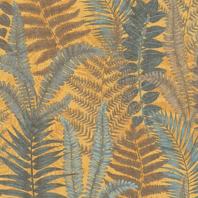 Natuur behang Profhome 393472-GU vliesbehang hardvinyl warmdruk in reliëf licht gestructureerd met bloemmotief mat geel turkooisblauw olijfbruin 5,33 m2
