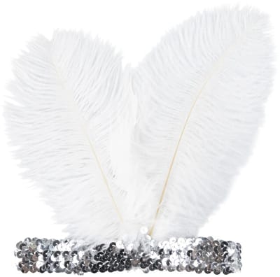 Charleston hoofdband – zilver met witte veren