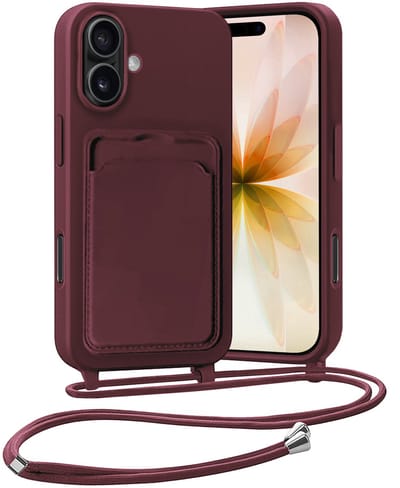 Hoesje Geschikt voor iPhone 17 Hoesje Met Telefoonketting Pasjeshouder Case Koord - Hoesje Geschikt voor iPhone 17 Hoes Met Kaarthouder - Aubergine