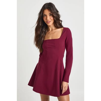 boohoo Dames Bengaline Vierkante Halslijn Godet Zoom Skater Jurk | Wijn | Maat: 38