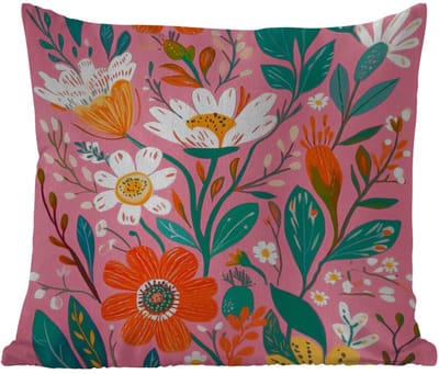 Sierkussen Buiten - Roze - Bloemen - Wit - Oranje - 60x60 cm - Weerbestendig