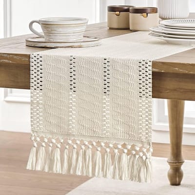 Stijlvolle Tafelrunner van Slub Linnen 30x180 cm Beige met Kwasten - Retro Natuurlijke Decoratie voor Keuken, Diner en Feestelijke Gelegenheden