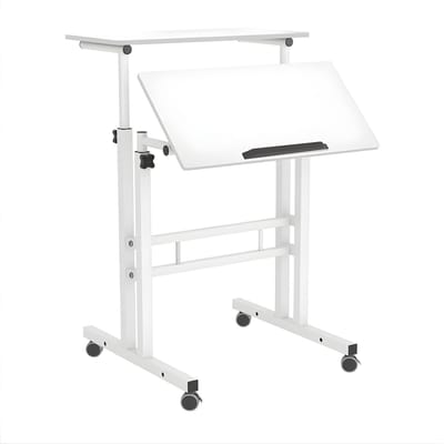 Mobiele Zit-Sta Bureau Verstelbaar - Laptoptafel met Wielen & Kantelblad - Voor Thuiswerk & Kantoor - Metaal/Kunststof - Wit