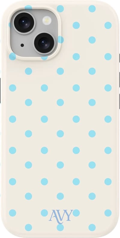 AVY Hoesje geschikt voor Apple iPhone 15 | Riviera Dots | Polka Dots | Beige & Blauw | Hard Shell Back Cover | Compatibel met MagSafe & Qi2