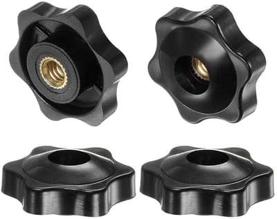 Set van 4 Sterknoppen met 1/4-20 Draad, 32mm Hoofd, Kunststof en Messing Schroefknoppen, Zwart voor Meubel- en Decoratietoepassingen