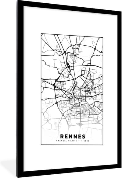 Fotolijst incl. Poster Zwart Wit- Frankrijk - Plattegrond - Rennes - Stadskaart - Kaart - Zwart wit - 60x90 cm - Posterlijst