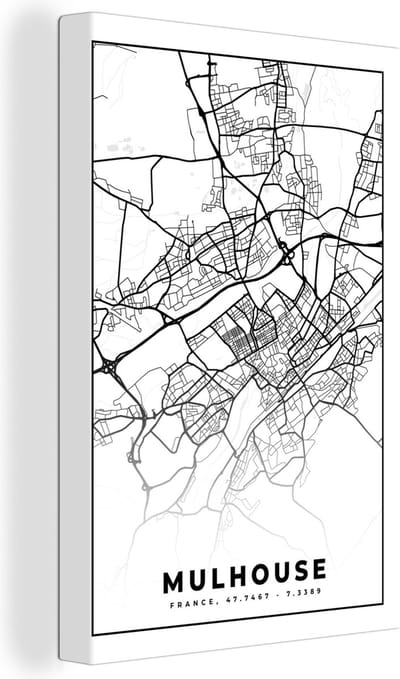 Canvas Schilderij Frankrijk - Mulhouse - Kaart - Plattegrond - Stadskaart - Zwart wit - 20x30 cm - Wanddecoratie